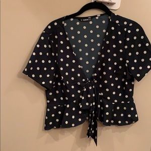 Dark green front tie polka dot shirt